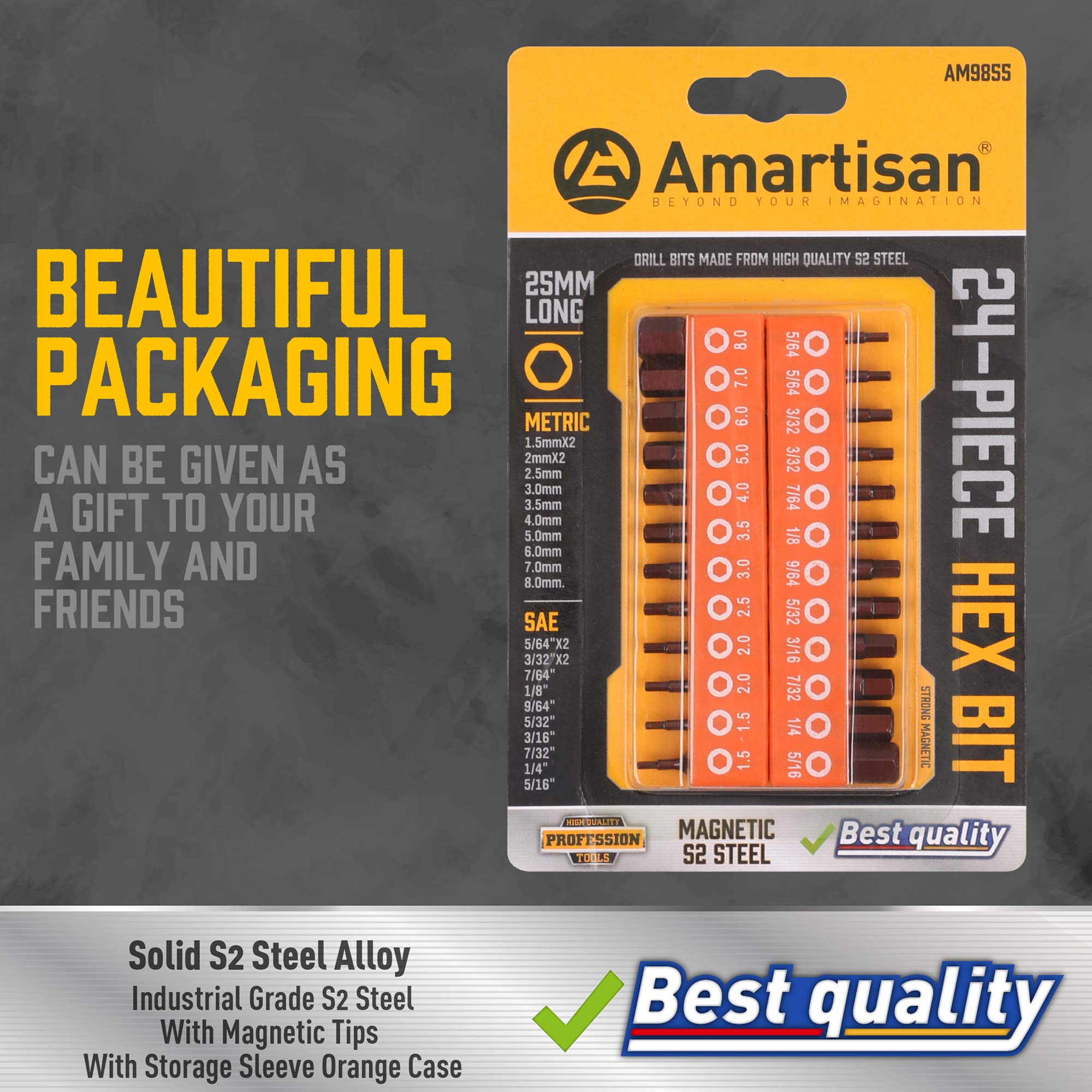 Amartisan 24-Piece Hex Head Allen Wrench Drill Bit Set, Metric and SAE S2 Steel Hex Bits Set, 1" Long