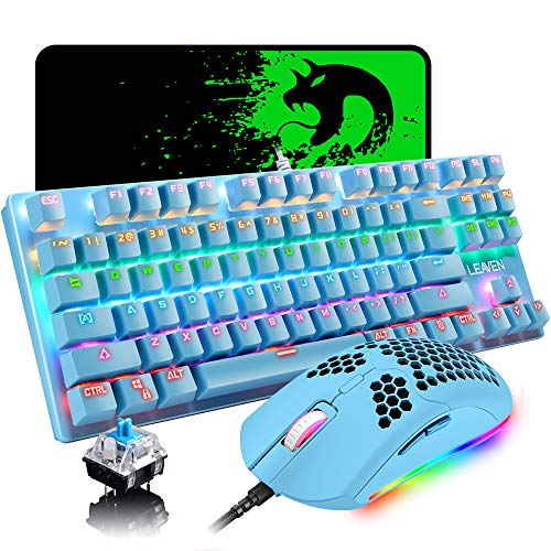 Wired Keyboard and Mouse Combo,87 Keys Compact Multicolour Backlit Keyboard and 6 RGB Lighting Gaming Mice 6400 DPI for Windows PC Gamers (Blue)