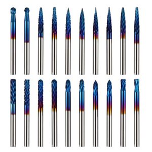 genmitsu 20pcs carbide burrs set nano blue coating rotary files 0.118”(3mm) shank fits most rotary drill die grinder for woodworking, engraving, drilling, carving, rr20a