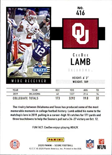 2020 Score Football #416 CeeDee Lamb RC Rookie Oklahoma Sooners Official NFL Trading Card Made by Panini America