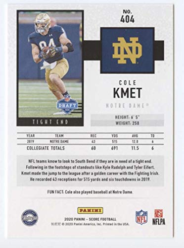 2020 Score Football #404 Cole Kmet RC Rookie Notre Dame Fighting Irish Official NFL Trading Card Made by Panini America