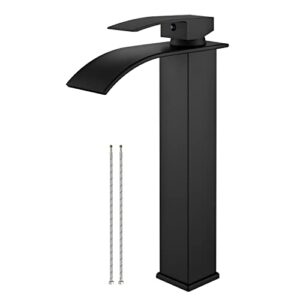airuida vessel sink faucet matte black, tall waterfall bathroom faucet, single handle one hole mixer bowl tap with large rectangular spout, bar sink faucet lavatory vanity