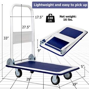 Safstar Folding Push Cart Dolly, Rolling Platform Cart for Garage Warehouse, Portable Flatbed Cart with Non-Slip Swivel Casters (330Lbs Load-Bearing Capacity, Blue)