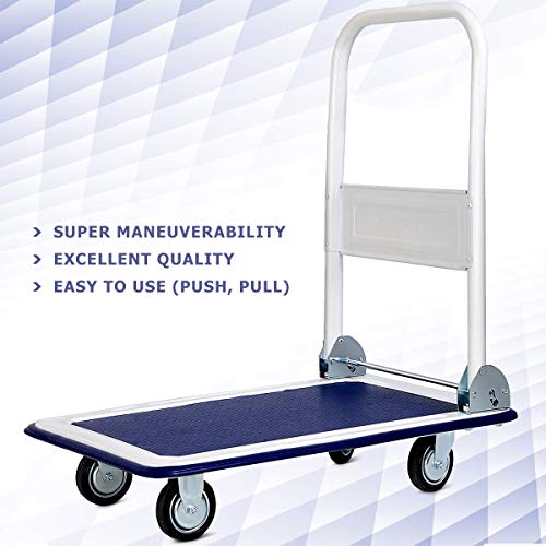 Safstar Folding Push Cart Dolly, Rolling Platform Cart for Garage Warehouse, Portable Flatbed Cart with Non-Slip Swivel Casters (330Lbs Load-Bearing Capacity, Blue)