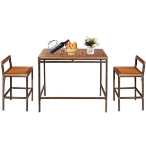 Tangkula 3 PCS Patio Bar Table Set, Outdoor Rattan Bar Set Bistro Set with Acacia Wood Top, Wood Table Set with 2 Bar Chairs for Dining Room, Backyard, Patio and Balcony