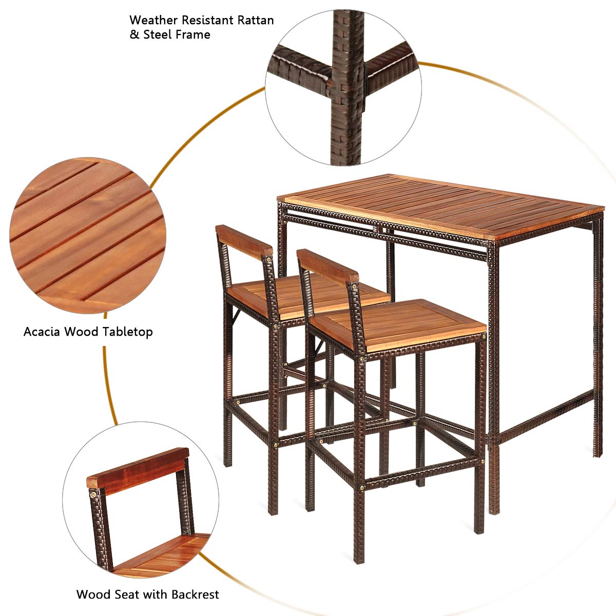 Tangkula 3 PCS Patio Bar Table Set, Outdoor Rattan Bar Set Bistro Set with Acacia Wood Top, Wood Table Set with 2 Bar Chairs for Dining Room, Backyard, Patio and Balcony