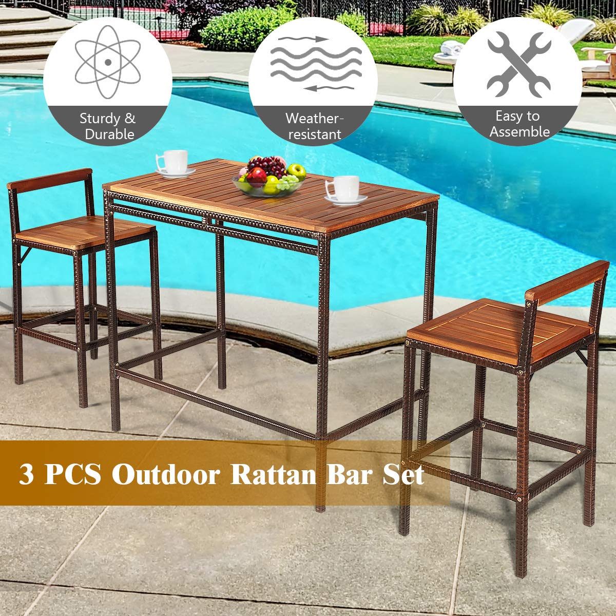 Tangkula 3 PCS Patio Bar Table Set, Outdoor Rattan Bar Set Bistro Set with Acacia Wood Top, Wood Table Set with 2 Bar Chairs for Dining Room, Backyard, Patio and Balcony