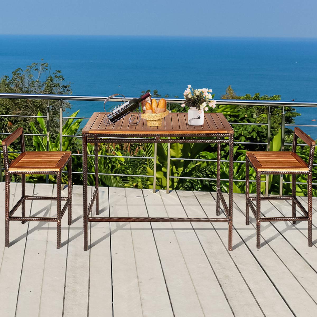 Tangkula 3 PCS Patio Bar Table Set, Outdoor Rattan Bar Set Bistro Set with Acacia Wood Top, Wood Table Set with 2 Bar Chairs for Dining Room, Backyard, Patio and Balcony