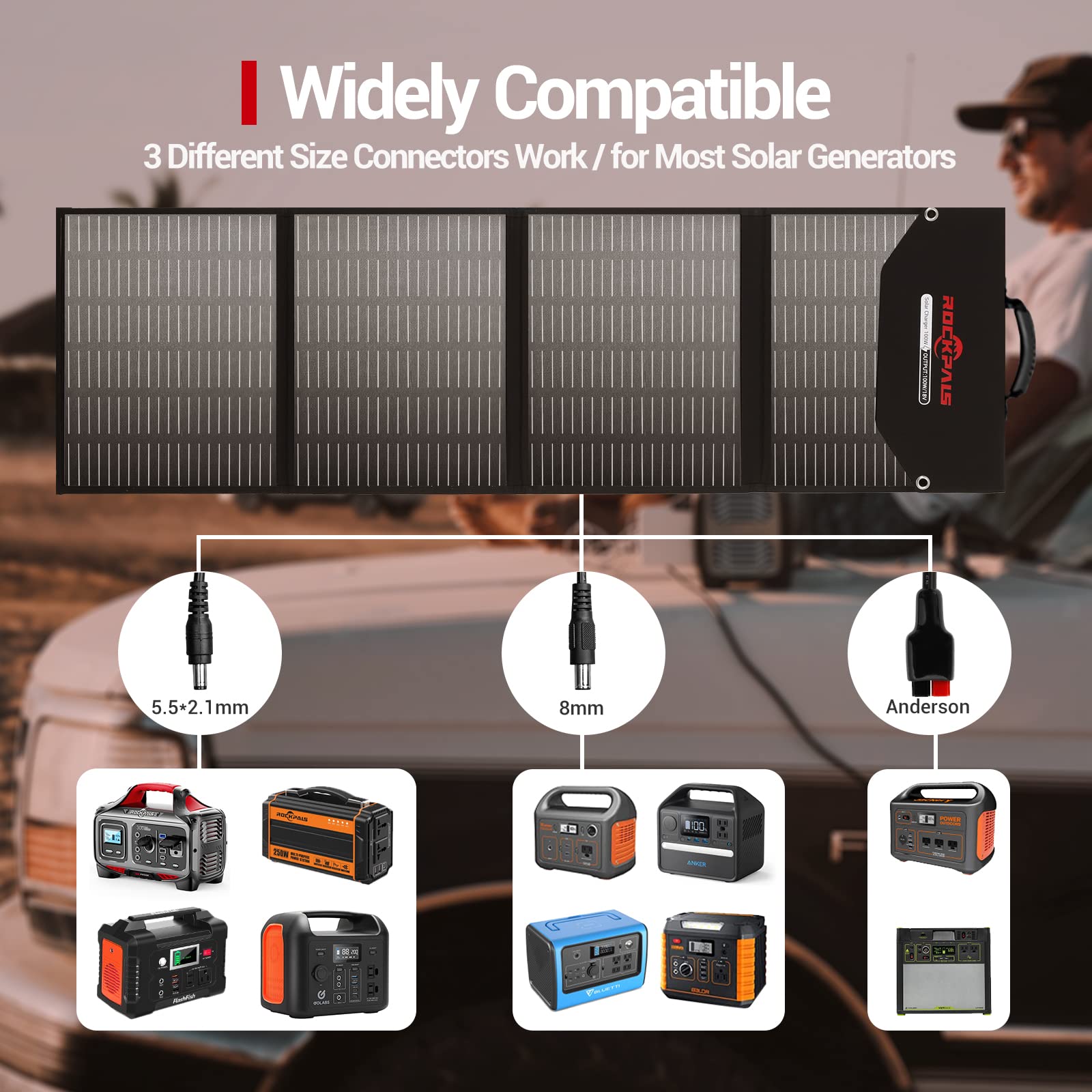 ROCKPALS Upgraded Foldable Solar Panel 100W with Kickstand, Parallel Supported, QC 3.0 and USB-C, Portable Solar Panels for Jackery/Anker/FlashFish/Bluetti/Goal Zero/Rockpals Power Station