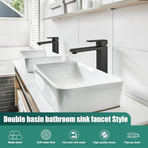 Heyalan Vessel Sink Faucet Bathroom Sink Faucet Tall Body Vessel Bowl Tap Single-Hole Deck Mount Lavatory Vanity Mixer Bar Tap Tall Spout Brass Tall Bathroom Faucet,Matte Black,with Drain