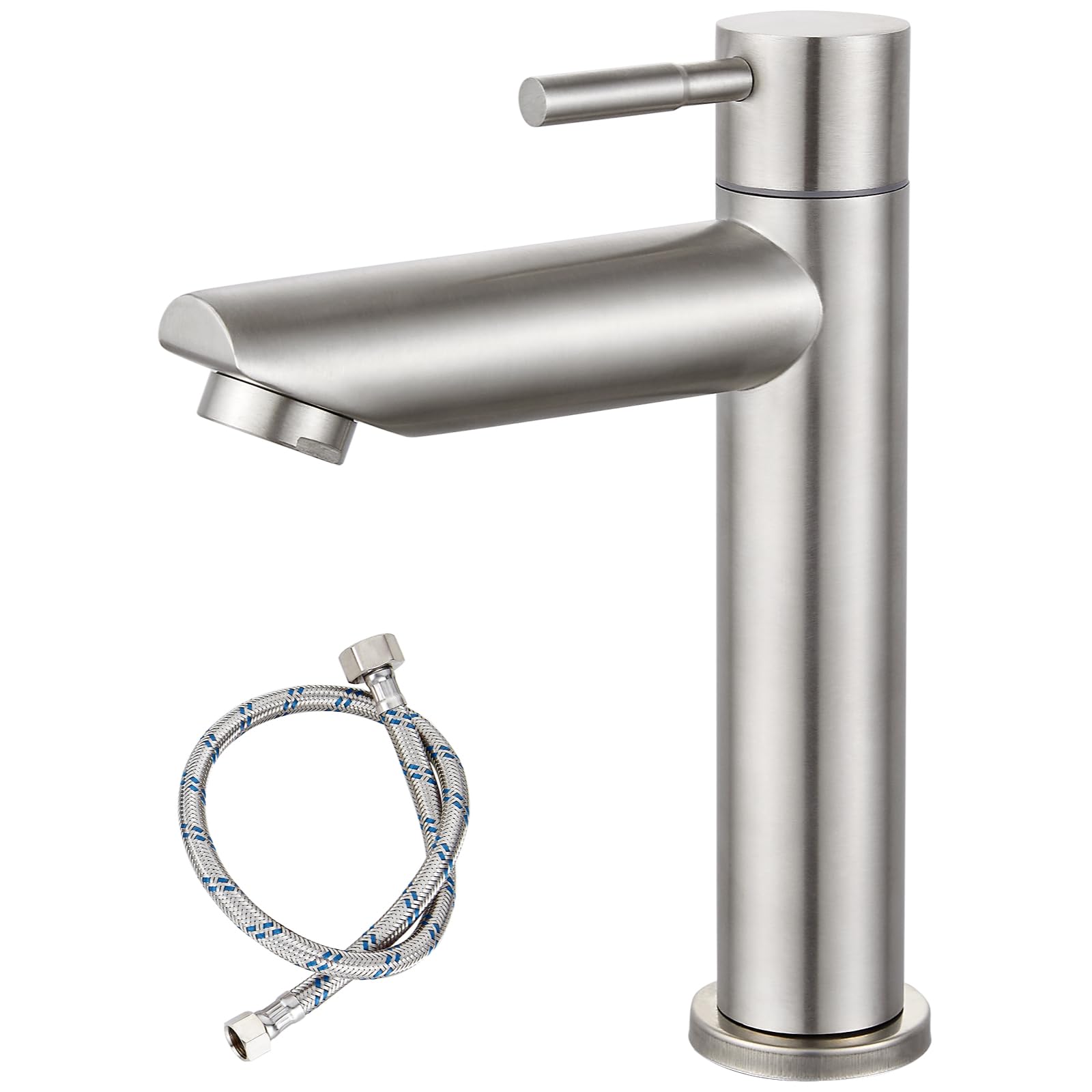 Heyalan Cold Water Only Bathroom Sink Faucet Stainless Steel SUS304 Brushed Nickel Single Handle One Hole Deck Mount Lavatory Faucet (Drain Not Included)