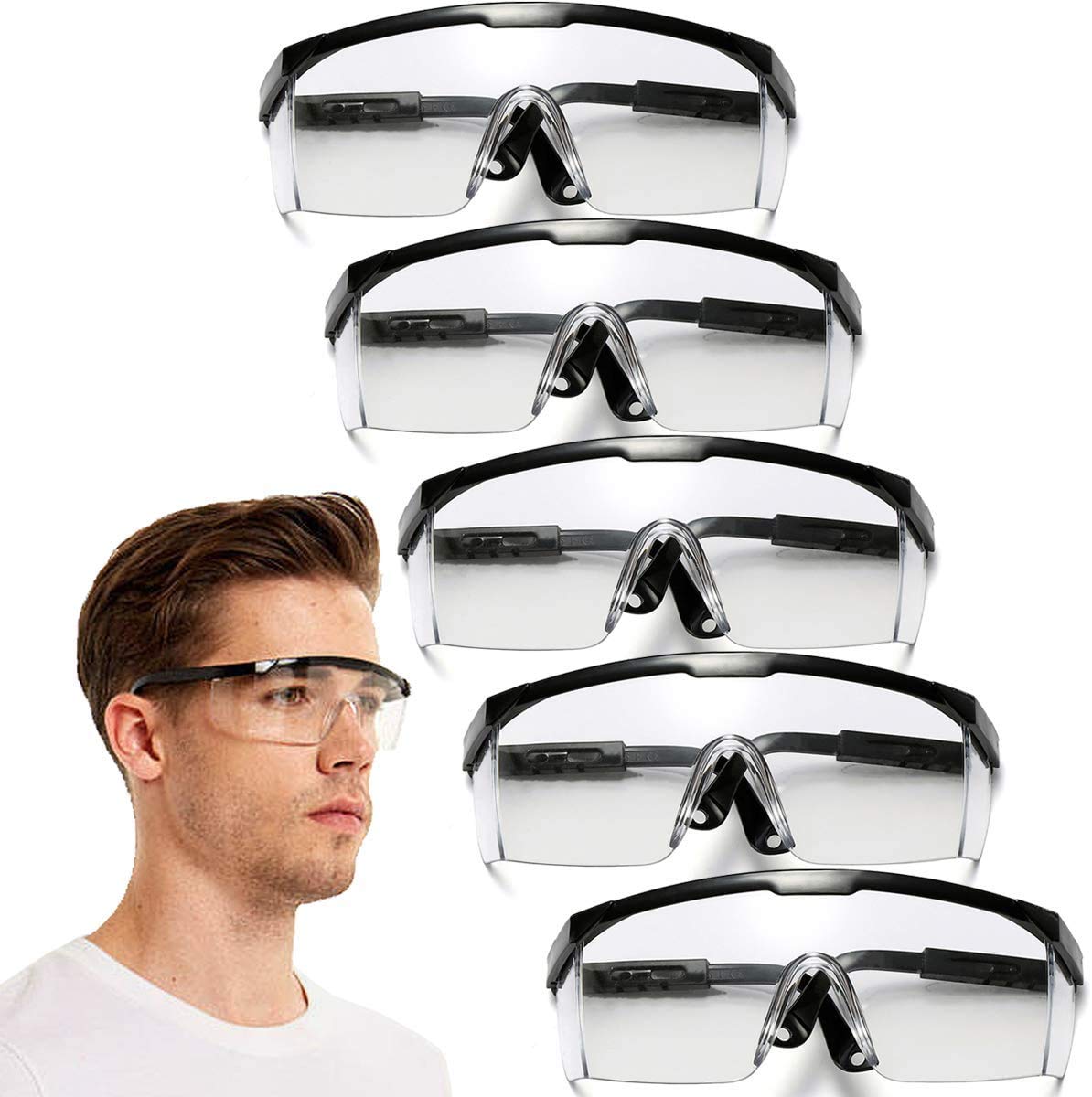 HANCHS Safety Goggles,5PCS Adjustable Wide-Vision Protective Glasses, Lightweight Fog-Proof Safety Glasses (Black)