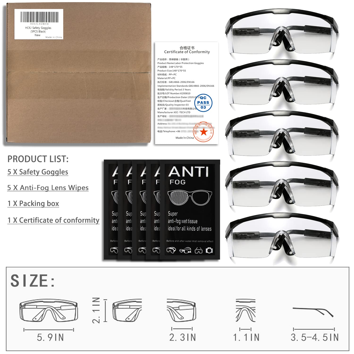 HANCHS Safety Goggles,5PCS Adjustable Wide-Vision Protective Glasses, Lightweight Fog-Proof Safety Glasses (Black)