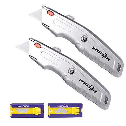 MANUFORE 2 Pack Utility Knife Retratable Box Cutter Set with Quick Change Blade for Cutting Cartons, Cardboard with 10 Blades