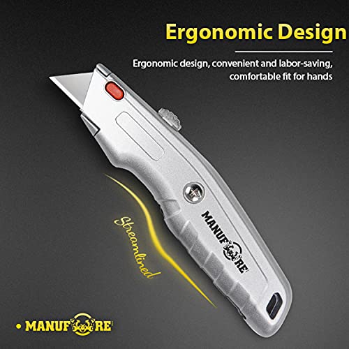 MANUFORE 2 Pack Utility Knife Retratable Box Cutter Set with Quick Change Blade for Cutting Cartons, Cardboard with 10 Blades