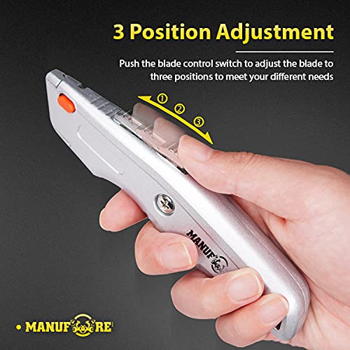 MANUFORE 2 Pack Utility Knife Retratable Box Cutter Set with Quick Change Blade for Cutting Cartons, Cardboard with 10 Blades