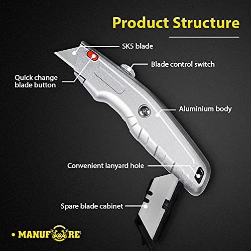 MANUFORE 2 Pack Utility Knife Retratable Box Cutter Set with Quick Change Blade for Cutting Cartons, Cardboard with 10 Blades