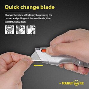 MANUFORE 2 Pack Utility Knife Retratable Box Cutter Set with Quick Change Blade for Cutting Cartons, Cardboard with 10 Blades