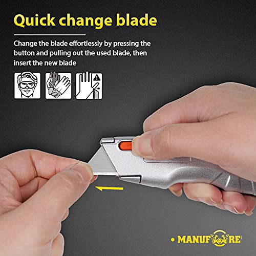 MANUFORE 2 Pack Utility Knife Retratable Box Cutter Set with Quick Change Blade for Cutting Cartons, Cardboard with 10 Blades