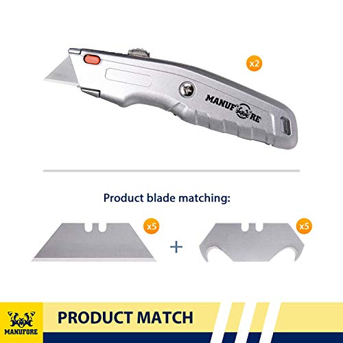 MANUFORE 2 Pack Utility Knife Retratable Box Cutter Set with Quick Change Blade for Cutting Cartons, Cardboard with 10 Blades