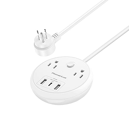 PowerLot Power Strip with 2 Outlets, 3 USB (2A+1C), 5TF Extension Cord Power Strip with PD 45W USB C for Laptop， Flat Plug Power Strip for Cruise Ship Travel Home and Office