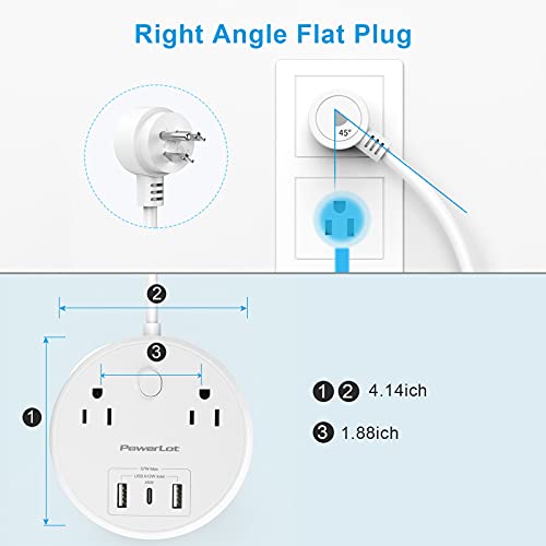 PowerLot Power Strip with 2 Outlets, 3 USB (2A+1C), 5TF Extension Cord Power Strip with PD 45W USB C for Laptop， Flat Plug Power Strip for Cruise Ship Travel Home and Office