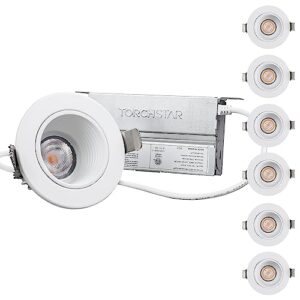 torchstar 2 inch led recessed lighting with junction box, 600lm cri90+ dimmable anti-glare led downlight, ic rated, etl, energy star, ja8 & t24 listed, baffle trim, 3000k warm white, pack of 6