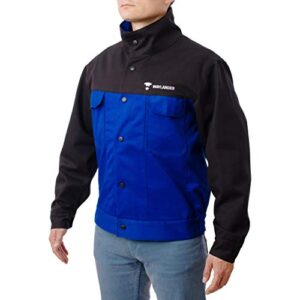 waylander flame resistant fr cotton welding jacket with snap button front and wrist closures - black/blue (medium)
