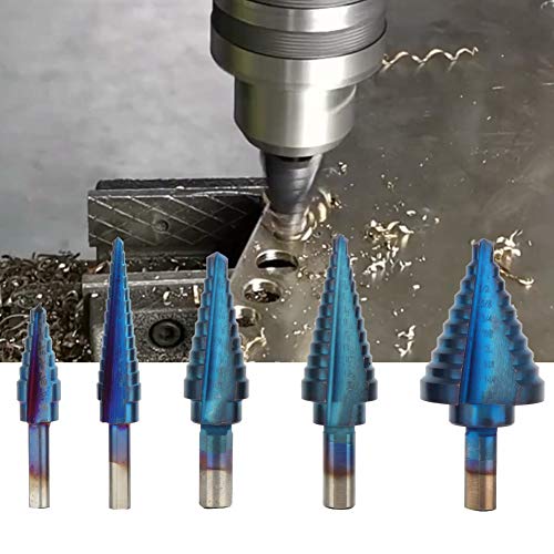 Step Drill Bits, 5pcs 1/4 Triangles Shank Stepless Drill Bit Set with Blue Coating Step Down Drill Bit for Sheet Metal Hole Drilling Cutting