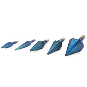 Step Drill Bits, 5pcs 1/4 Triangles Shank Stepless Drill Bit Set with Blue Coating Step Down Drill Bit for Sheet Metal Hole Drilling Cutting