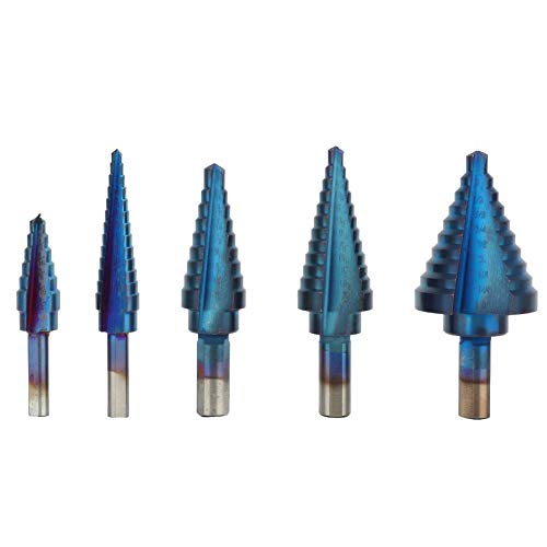 Step Drill Bits, 5pcs 1/4 Triangles Shank Stepless Drill Bit Set with Blue Coating Step Down Drill Bit for Sheet Metal Hole Drilling Cutting