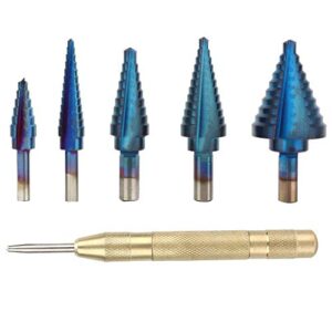 Step Drill Bits, 5pcs 1/4 Triangles Shank Stepless Drill Bit Set with Blue Coating Step Down Drill Bit for Sheet Metal Hole Drilling Cutting