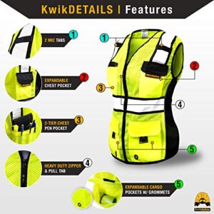 KwikSafety - Charlotte, NC - RoadBOSS Economy Safety Vest for Women [SNUG-FIT] 10 Pockets Class 2 High Visibility Reflective Tape ANSI OSHA Hi Viz Construction Work Gear/Yellow Medium