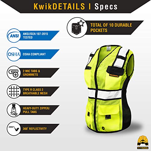 KwikSafety - Charlotte, NC - RoadBOSS Economy Safety Vest for Women [SNUG-FIT] 10 Pockets Class 2 High Visibility Reflective Tape ANSI OSHA Hi Viz Construction Work Gear/Yellow Medium