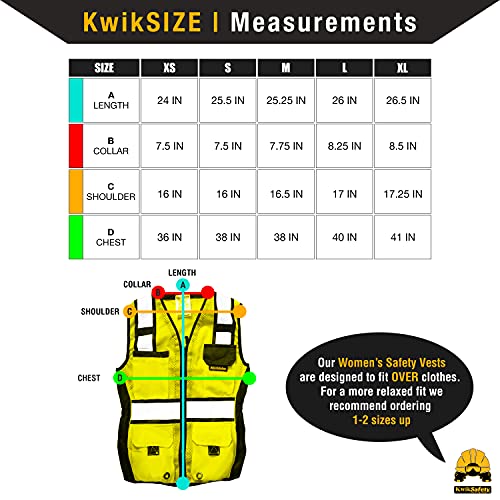 KwikSafety - Charlotte, NC - RoadBOSS Economy Safety Vest for Women [SNUG-FIT] 10 Pockets Class 2 High Visibility Reflective Tape ANSI OSHA Hi Viz Construction Work Gear/Yellow Medium