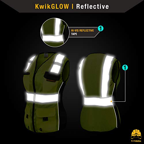 KwikSafety - Charlotte, NC - RoadBOSS Economy Safety Vest for Women [SNUG-FIT] 10 Pockets Class 2 High Visibility Reflective Tape ANSI OSHA Hi Viz Construction Work Gear/Yellow Medium