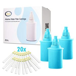 all prime alkaline water filter replacement cartridge- 3 pack - includes 20 alkaline and ph testing strips compatible with many models - 6 stage alkaline replacement water filter - water alkalizer
