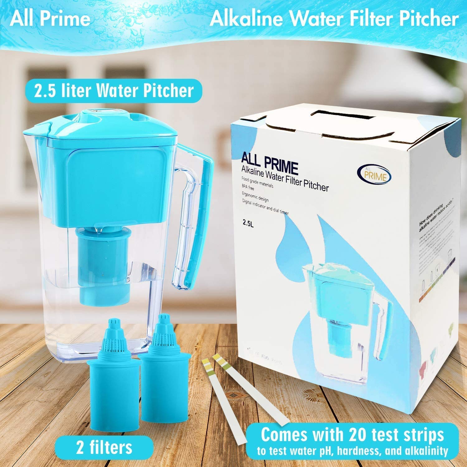 All Prime 2.5 Liter Alkaline Water Filter Pitcher with 2 Replacement Alkaline Water Filter, pH and Alkalinity Test Strips - Alkaline Water Filter Pitchers for Drinking Water