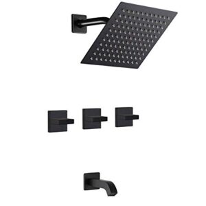 matte black 3 handle shower faucet set with tub spout, tub and shower trim kit with rough-in valve, bathroom rain shower system wall mounted rainfall bathtub shower faucets
