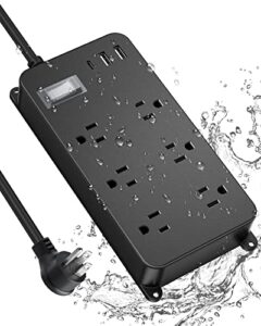jgstkcity outdoor power strip weatherproof with usb c,waterproof extension cord multiple outlet surge protector for patio accessories,6 outlets and 3 usb ports,6ft cable, black