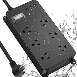 Jgstkcity Outdoor Power Strip Weatherproof with USB C,Waterproof Extension Cord Multiple Outlet Surge Protector for Patio Accessories,6 Outlets and 3 USB Ports,6ft Cable, Black