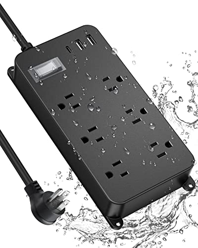 Jgstkcity Outdoor Power Strip Weatherproof with USB C,Waterproof Extension Cord Multiple Outlet Surge Protector for Patio Accessories,6 Outlets and 3 USB Ports,6ft Cable, Black