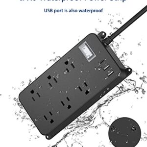 Jgstkcity Outdoor Power Strip Weatherproof with USB C,Waterproof Extension Cord Multiple Outlet Surge Protector for Patio Accessories,6 Outlets and 3 USB Ports,6ft Cable, Black