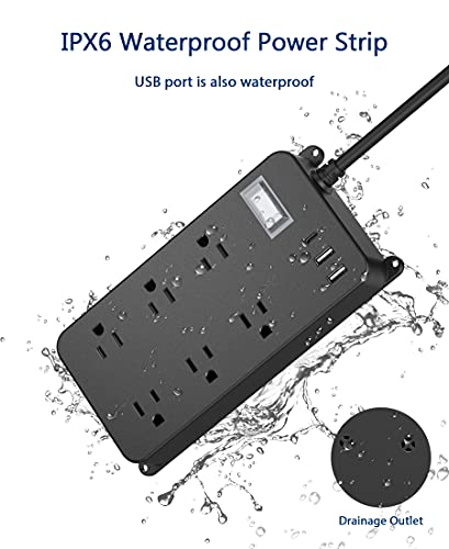 Jgstkcity Outdoor Power Strip Weatherproof with USB C,Waterproof Extension Cord Multiple Outlet Surge Protector for Patio Accessories,6 Outlets and 3 USB Ports,6ft Cable, Black