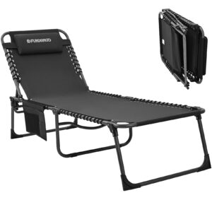 fundango folding outdoor chaise lounge chair, 5-position adjustable lounge chair for lawn, patio, beach, sunbathing, deck, portable heavy-duty camping reclining chair with pillow, black
