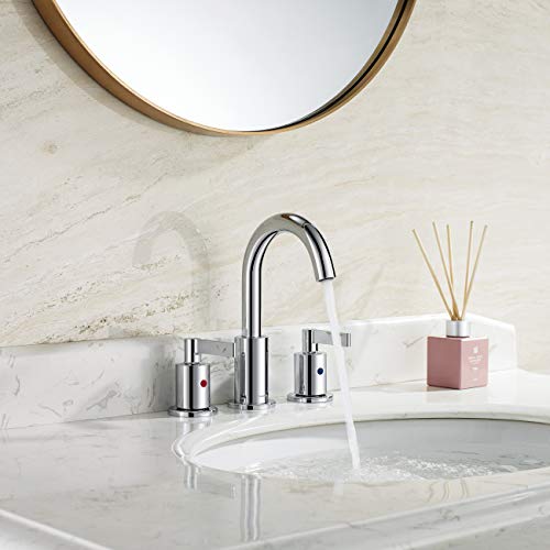 TimeArrow Chrome 2 Handle Widespread Bathroom Sink Faucet 3 Holes with Pop-Up Drain, High Arc Modern 8 Inch Bathroom Vanity Lavatory Faucet with Brass 360° Swivel Spout, TAF830C-CP