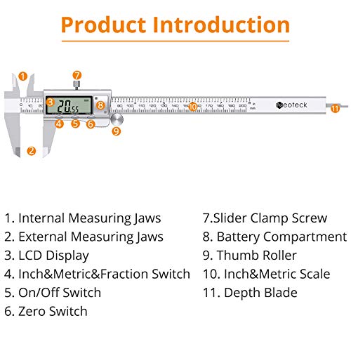 Neoteck 8 inch Digital Caliper and Feeler Gauge Set, Stainless Steel Electronic Vernier Caliper Measuring Tool Fractions/Inch/Metric Conversion Large LCD Screen