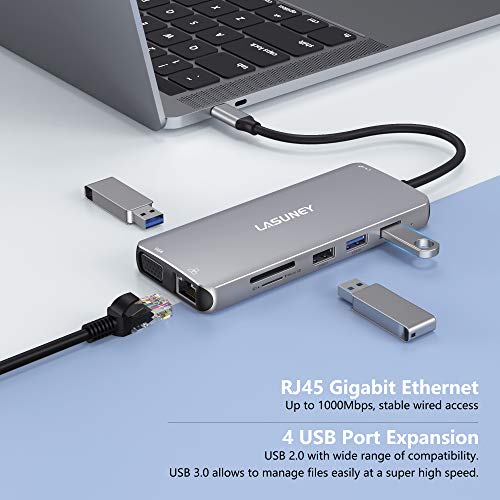 Lasuney Triple Display 12 in 1 USB C Docking Station Dock with 2 HDMI & VGA, PD3.0, Ethernet, SD TF Card Reader, 4 USB Port, Mic/Audio, Type C Adapter Hub Compatible for MacBook/Dell/HP/Lenovo Laptops