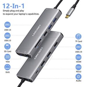Lasuney Triple Display 12 in 1 USB C Docking Station Dock with 2 HDMI & VGA, PD3.0, Ethernet, SD TF Card Reader, 4 USB Port, Mic/Audio, Type C Adapter Hub Compatible for MacBook/Dell/HP/Lenovo Laptops