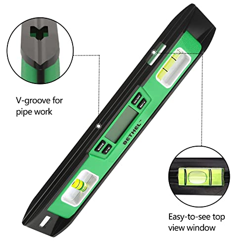 Digital Torpedo Level -10 Inch IP54 Digital Magnetized Level Protected Electronic Bubble Inclinometer/Angle Finder/LED Display & V-Groove Base (10 Inch, Green)